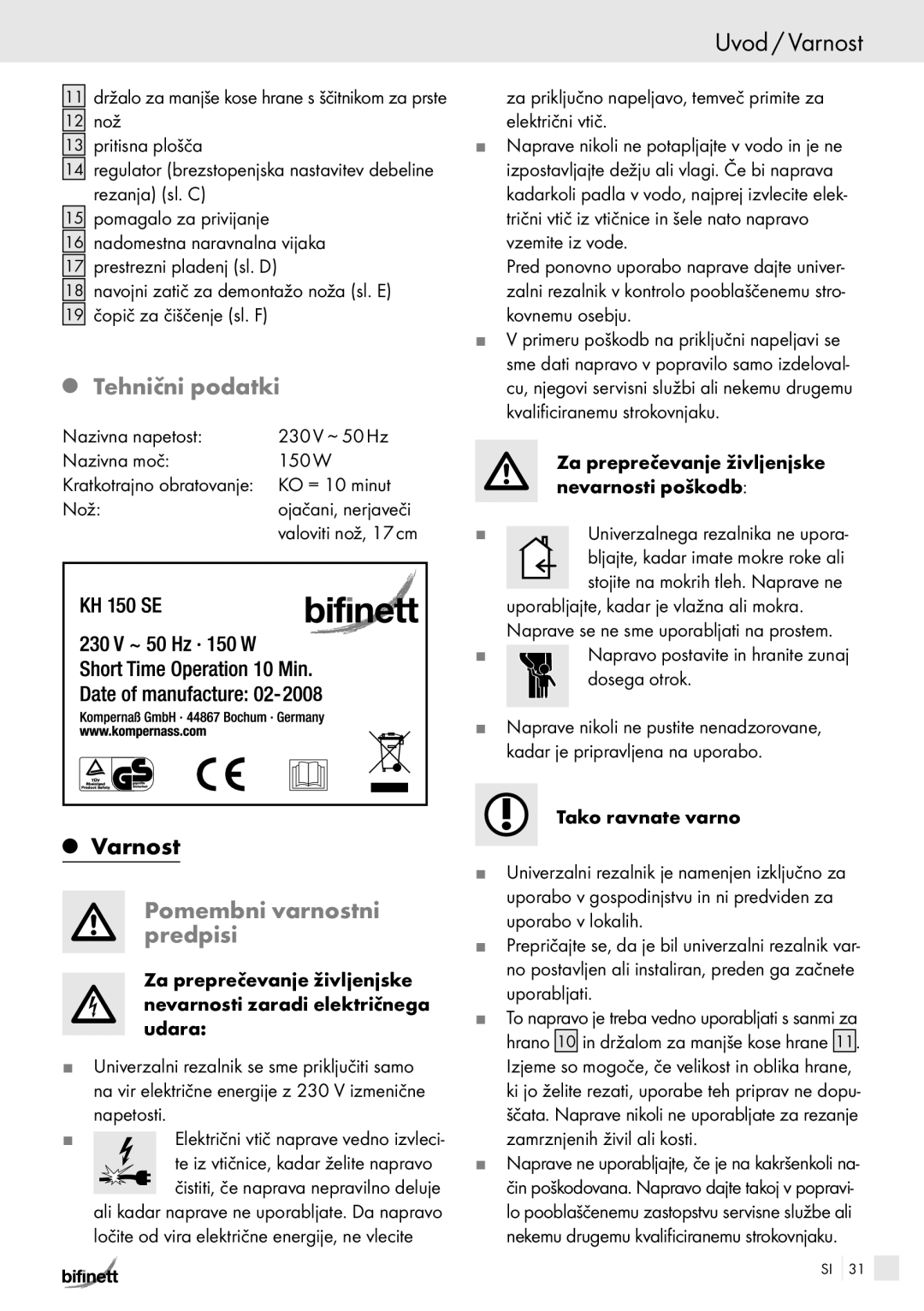 Bifinett KH 150 manual Uvod / Varnost, Tehnični podatki, Pomembni varnostni predpisi 